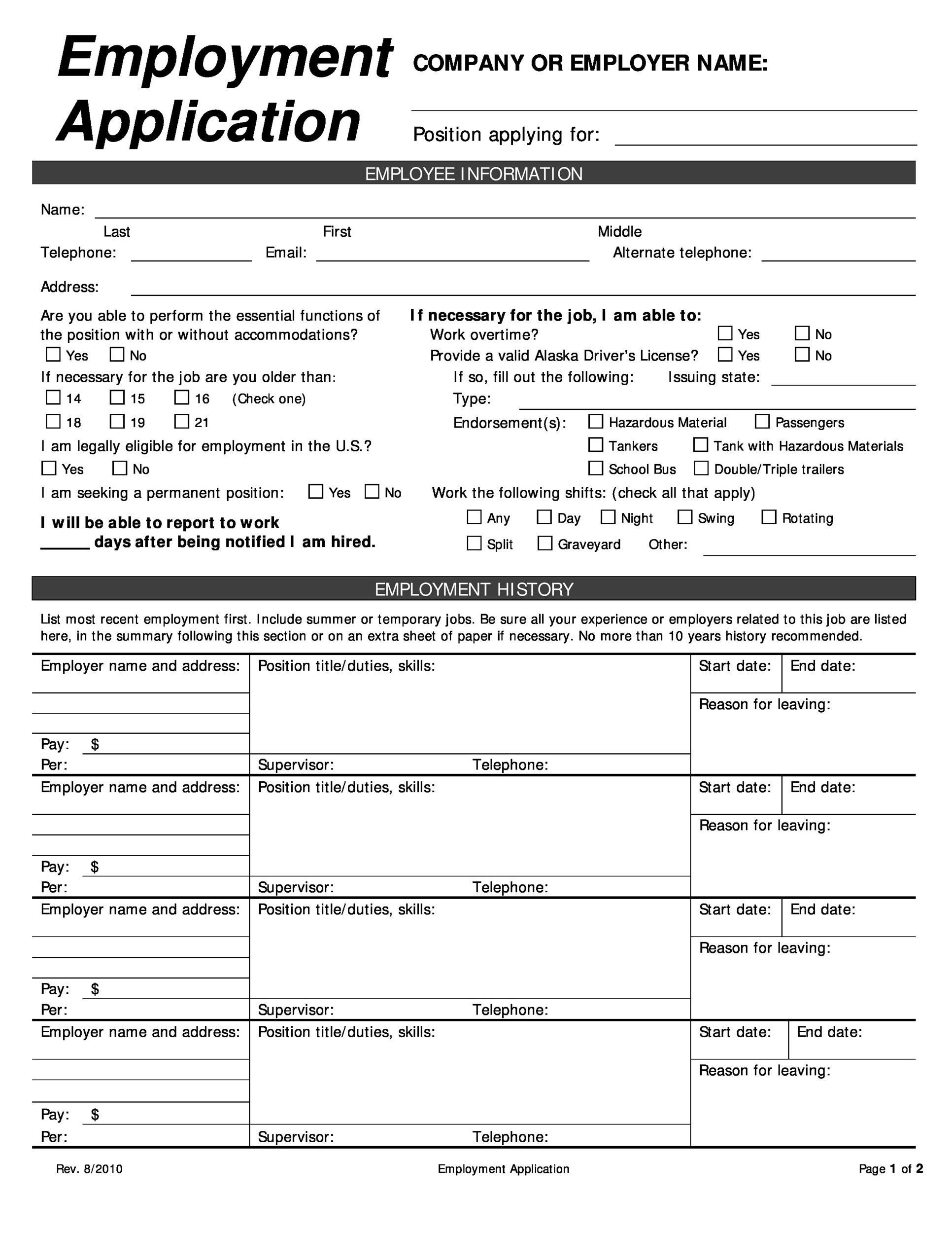 50 Free Employment Job Application Form Templates Printable Printable 
