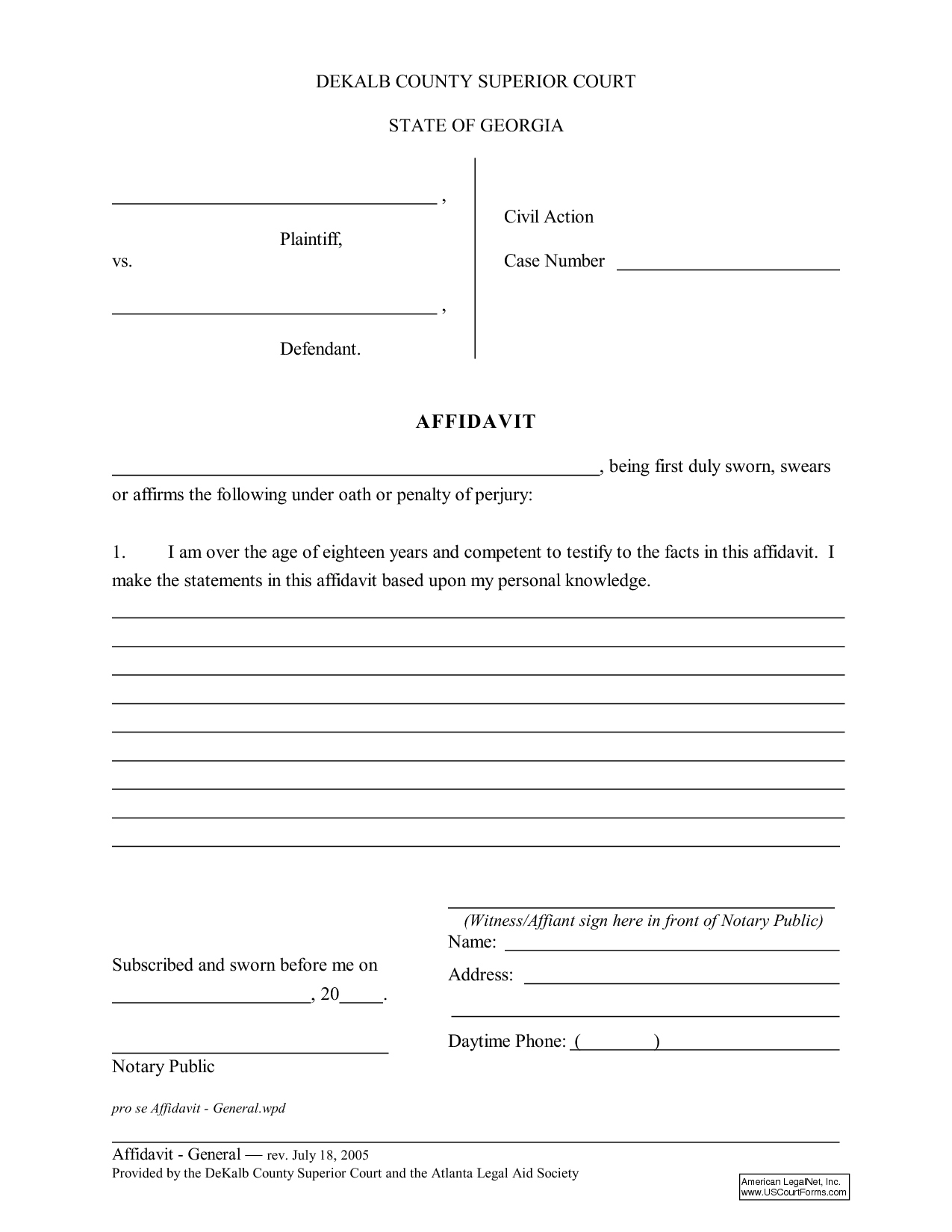 Affidavit Printable Form Printable Forms Free Online