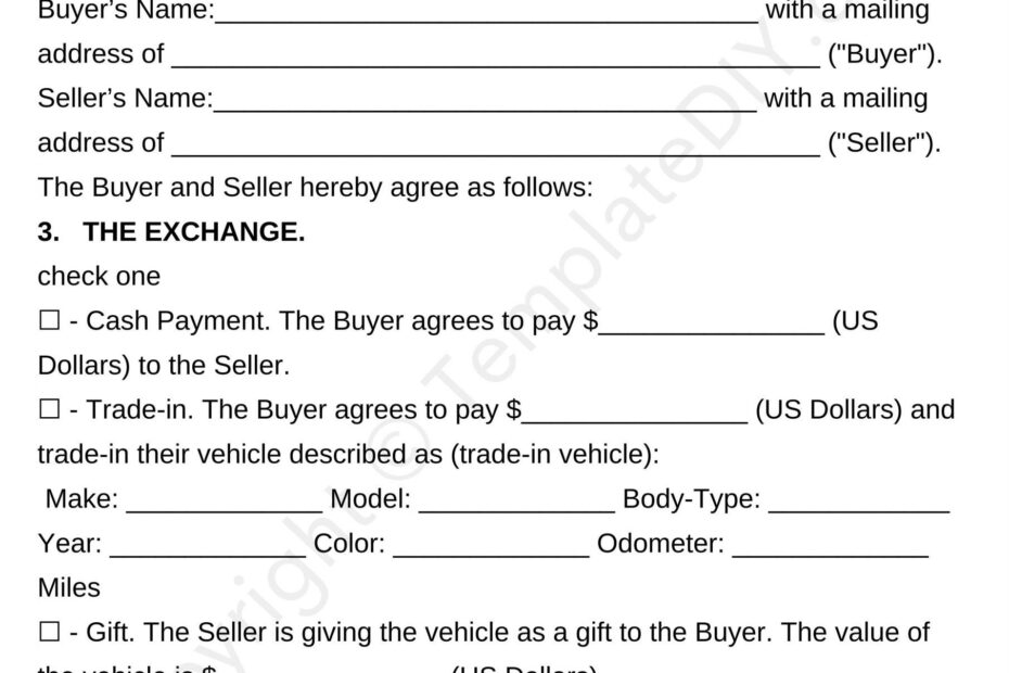Automobile Bill Of Sale Blank Printable Form Template PDF Word