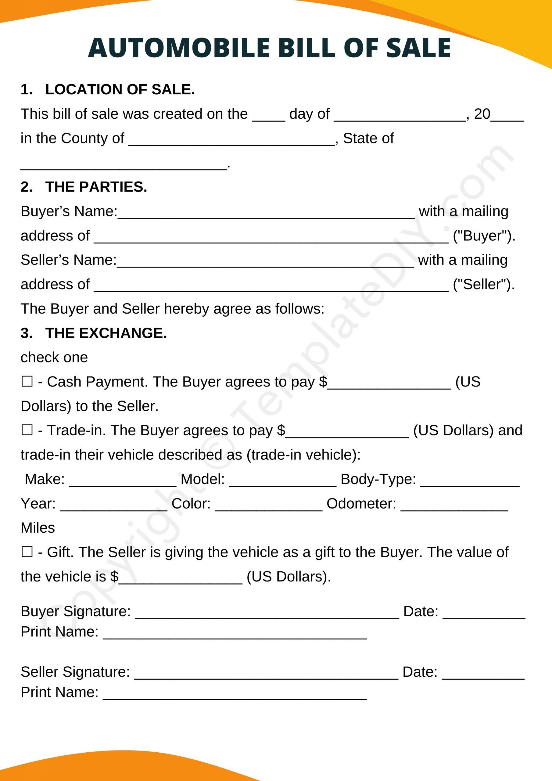 Automobile Bill Of Sale Blank Printable Form Template PDF Word 