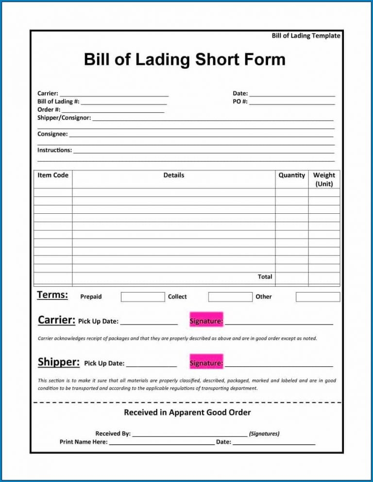 Bill Of Lading Form Printable Printable Forms Free Online