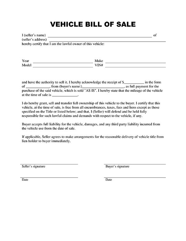 Bill Of Sale Form Printable