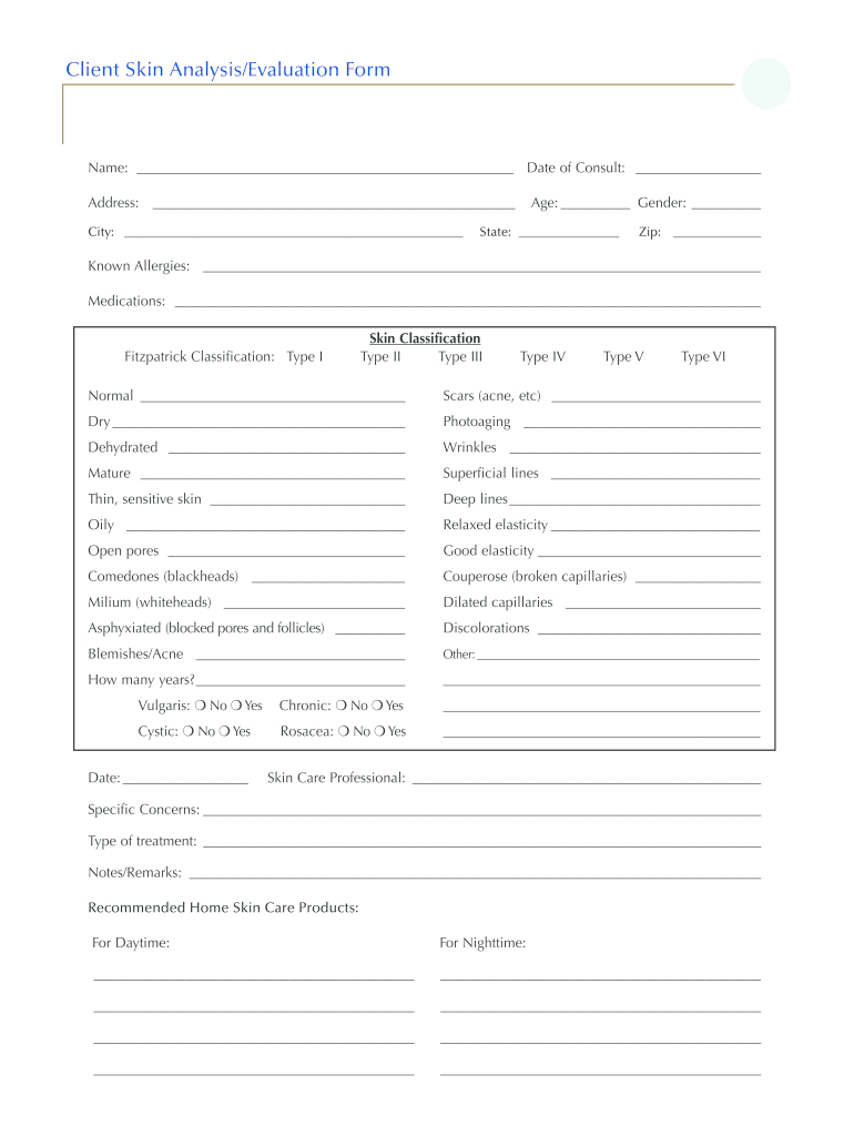 Blank Printable Skin Assessment Form Printable Forms Free Online
