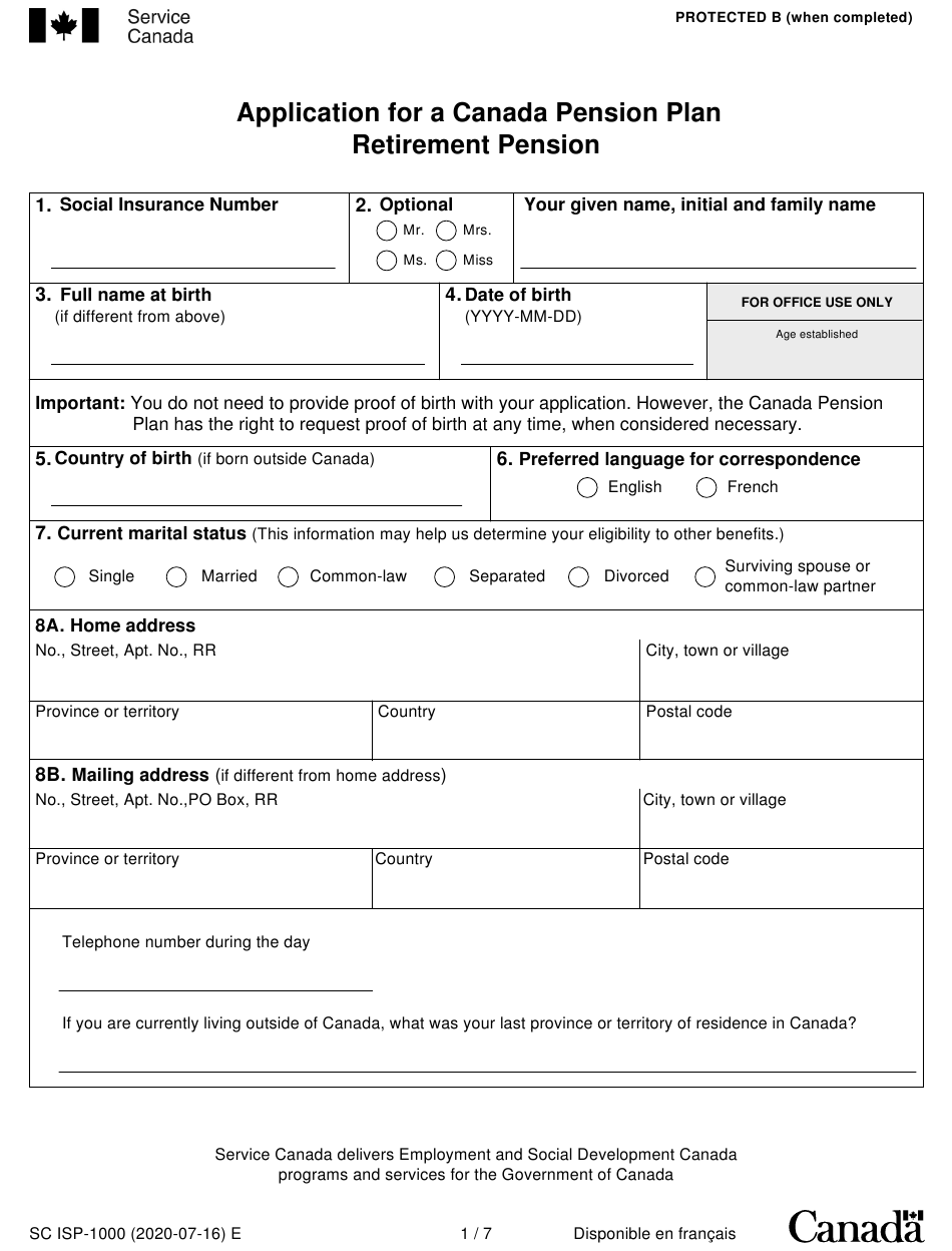 Canada Pension Plan Printable Application Form PlanForms