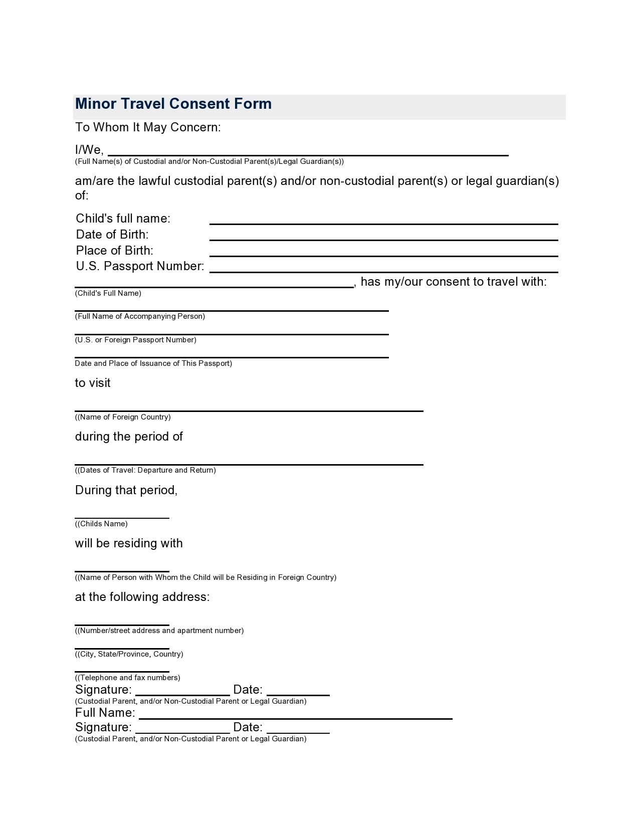 Child Travel Consent Form Exles Infoupdate