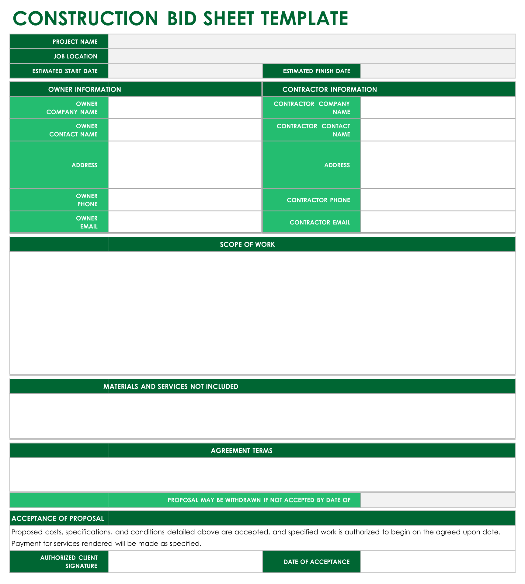 Construction Free Printable Contractor Bid Forms Printable Forms Free 