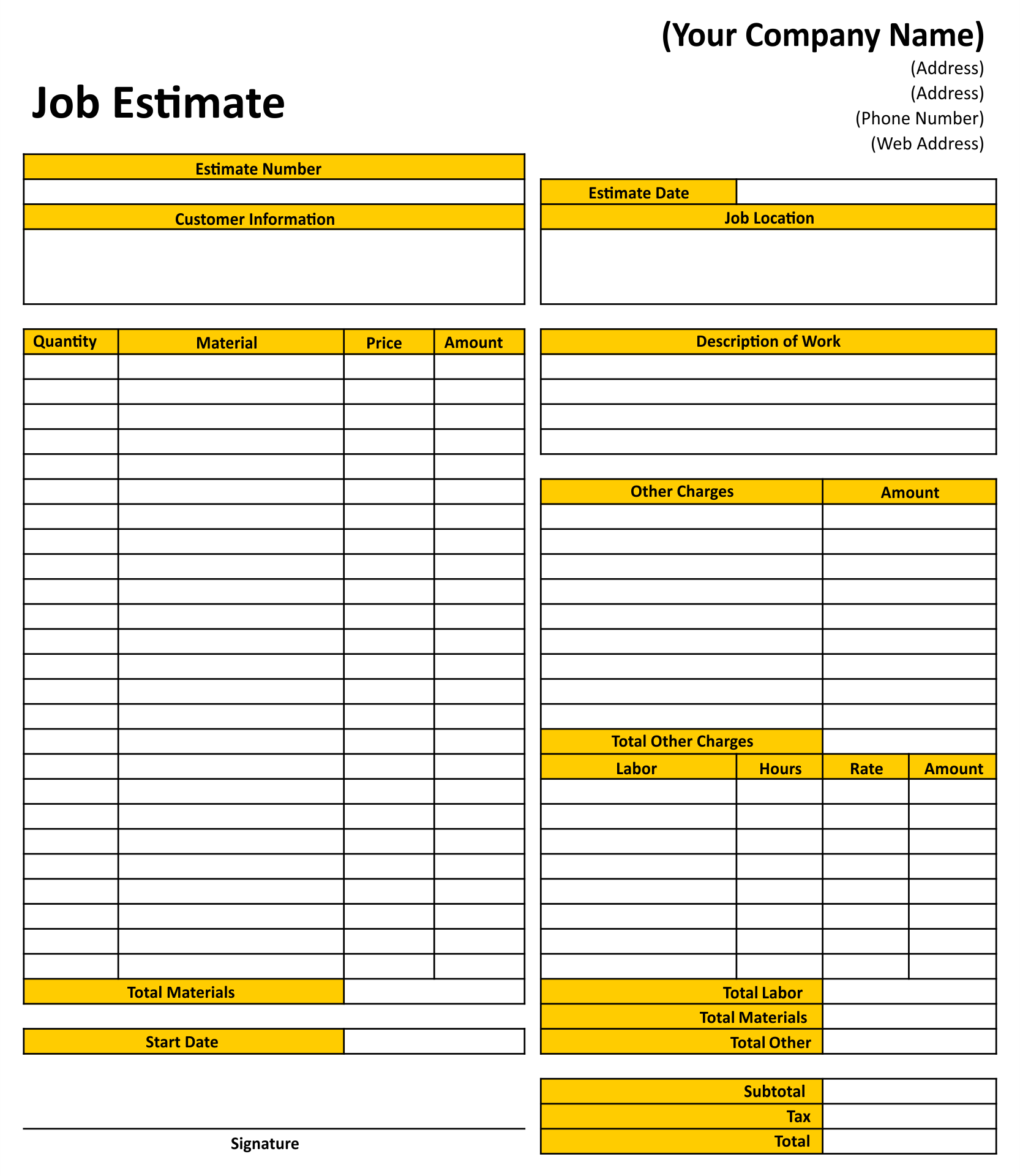 Construction Free Printable Estimate Forms Printable Forms Free Online