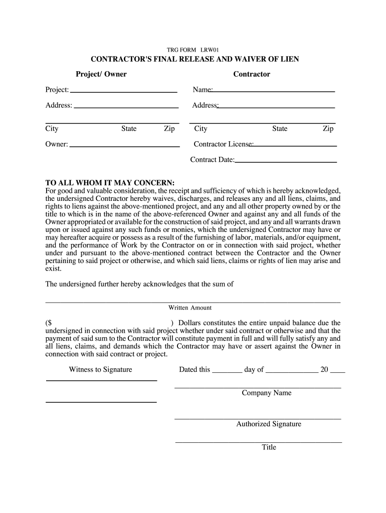 Contractor Printable Contractor Lien Waiver Form Printable Forms Free 