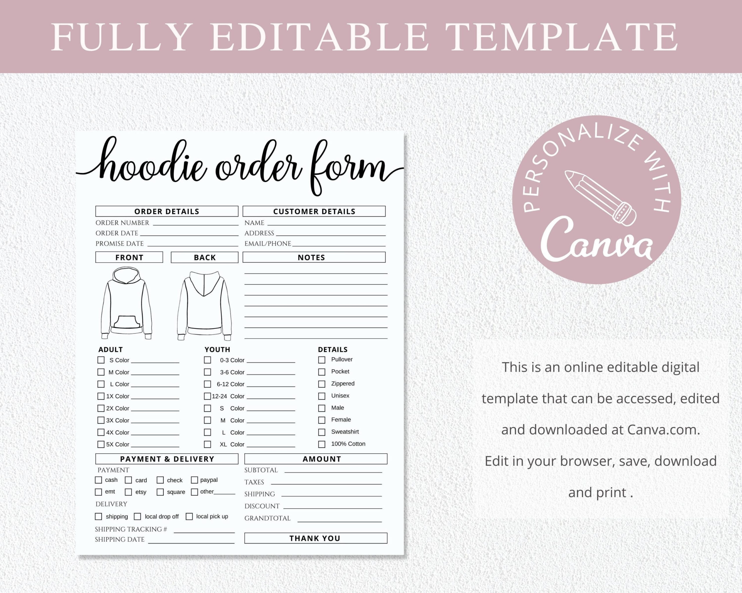 Custom Hoodie Sweatshirt Order Form Template Free Printable Printable 