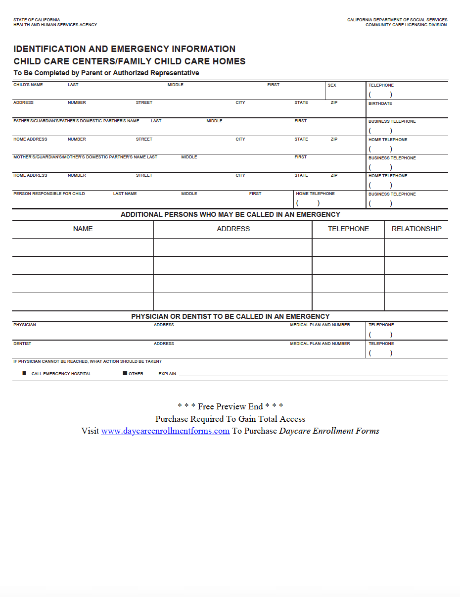Daycare Enrollment Forms Child Care Registration Forms Templates 