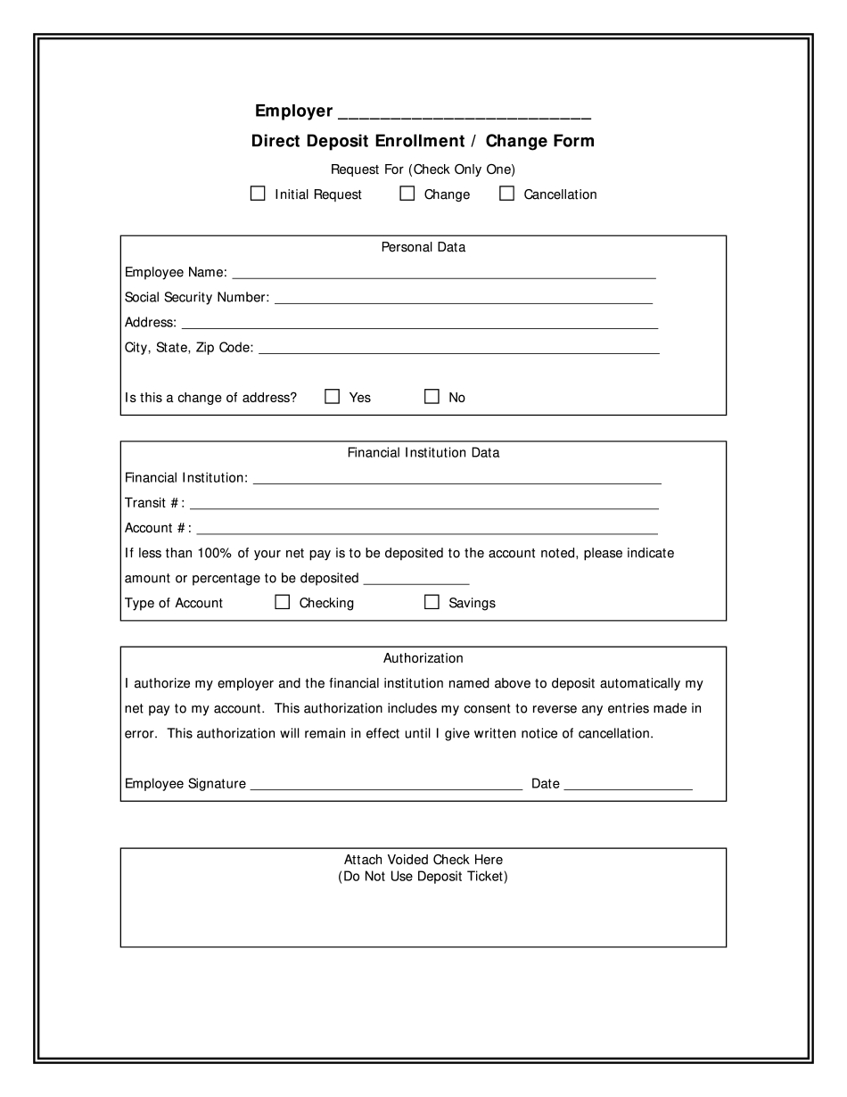 Direct Deposit Form Printable Blank PDF Online Direct Deposit Form Printable Blank PDF Online