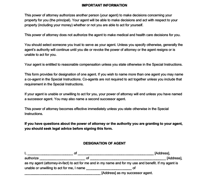 Durable Power Of Attorney Printable Blank Form Printable Forms Free