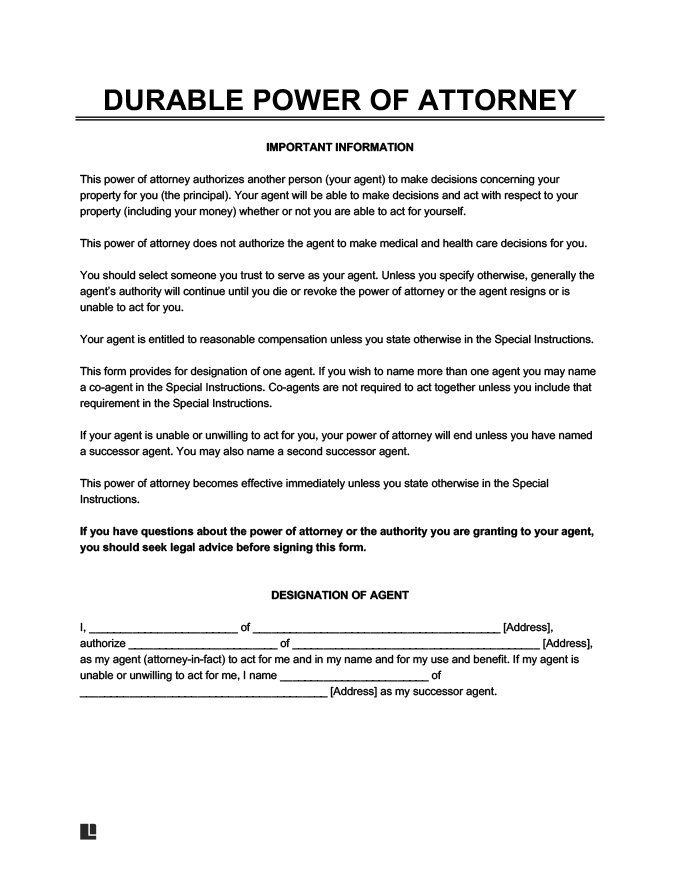 Durable Power Of Attorney Printable Blank Form Printable Forms Free 