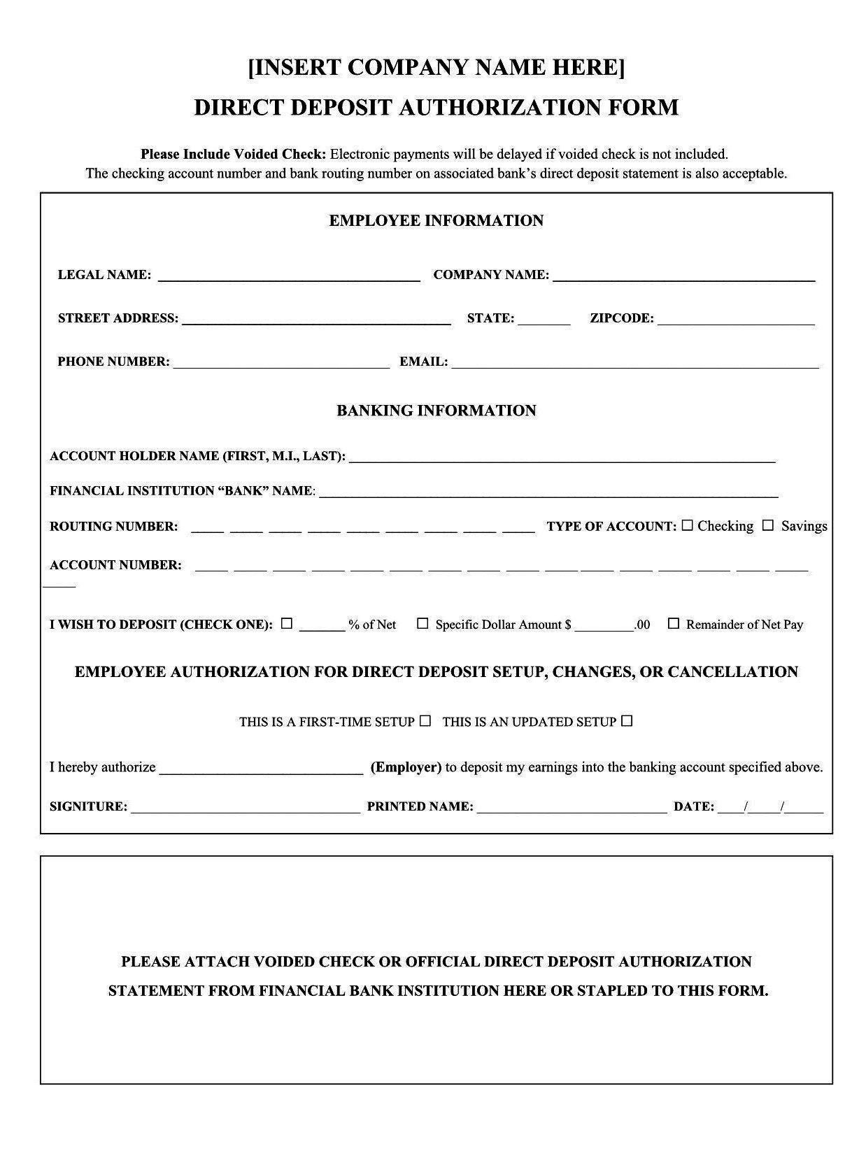 Employee Printable Direct Deposit Form Template