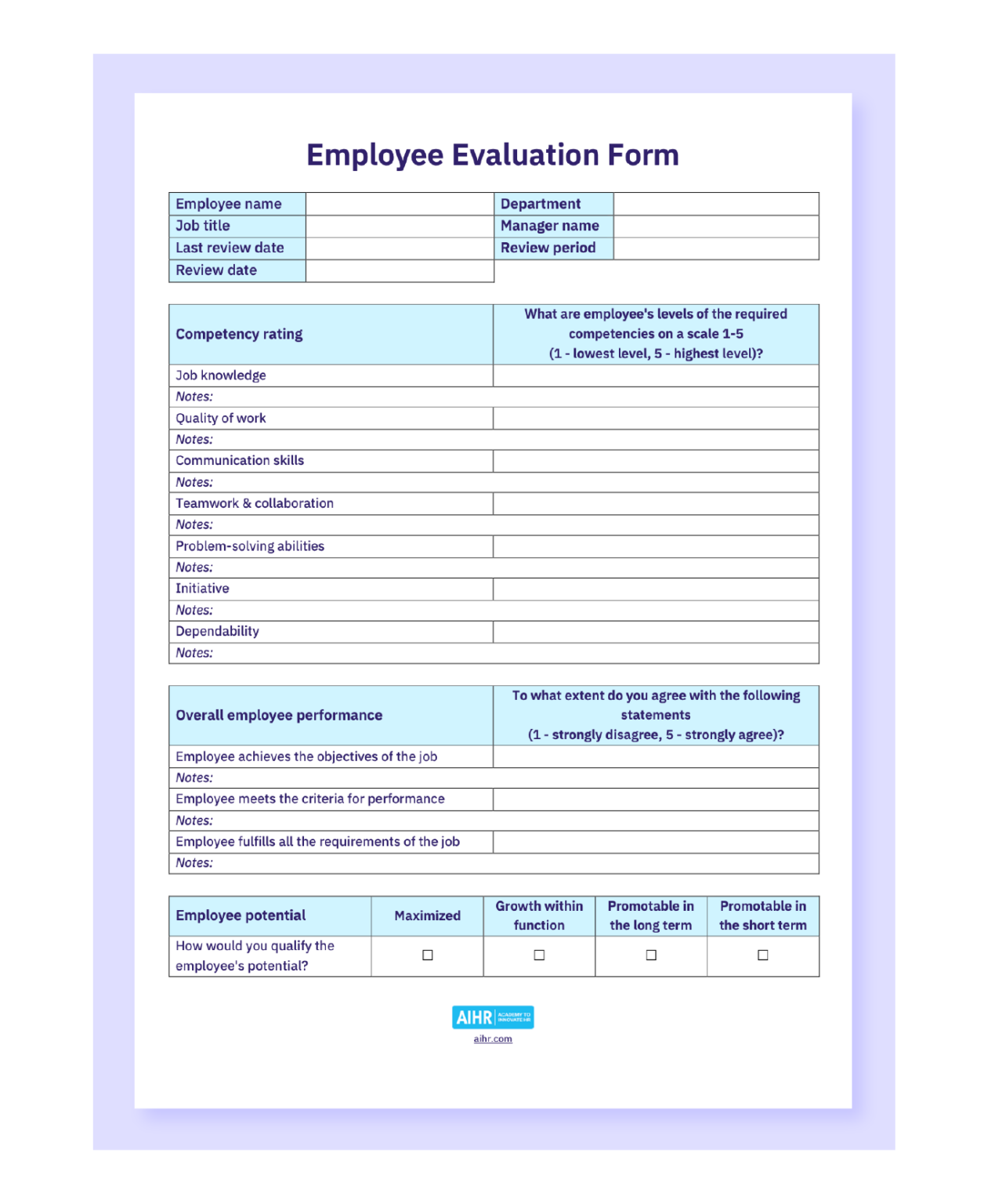 Employee Review Printable Employee Evaluation Form Printable Forms 