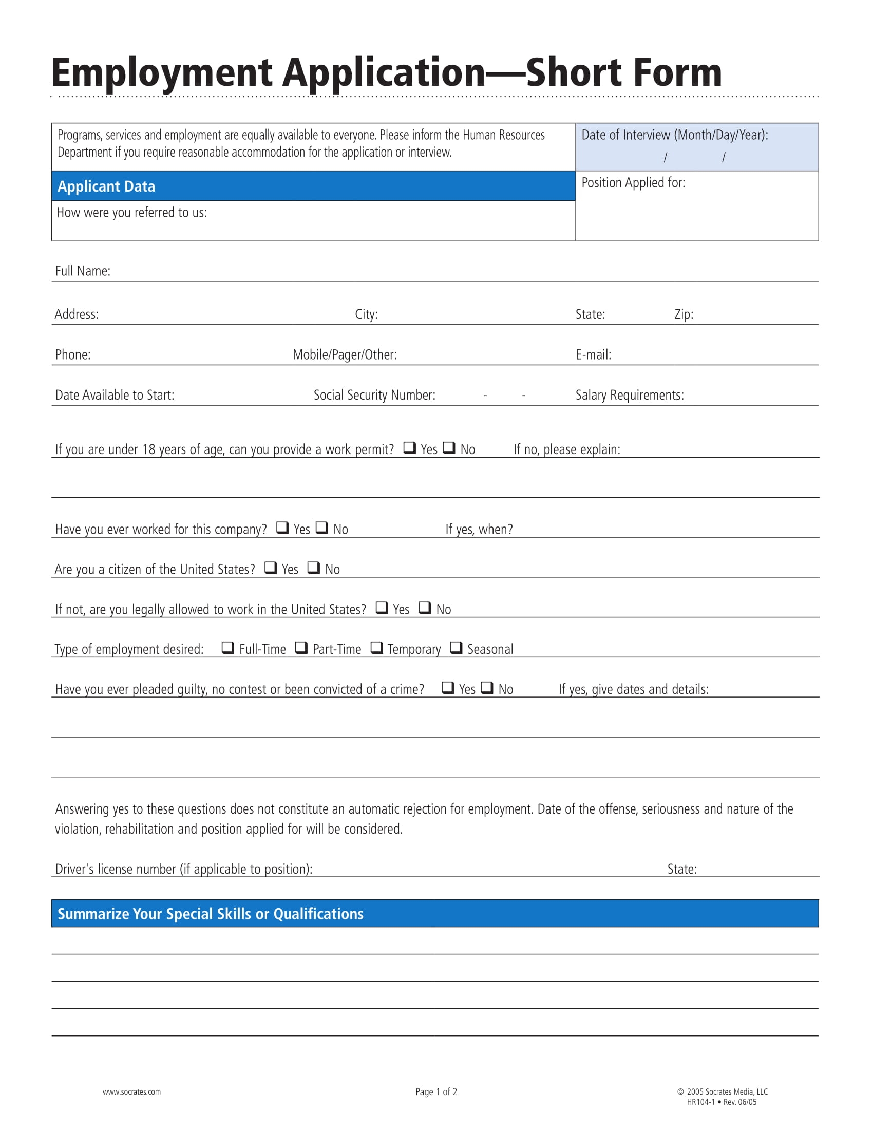 Employment Application Forms Free Printable Printable Forms Free Online