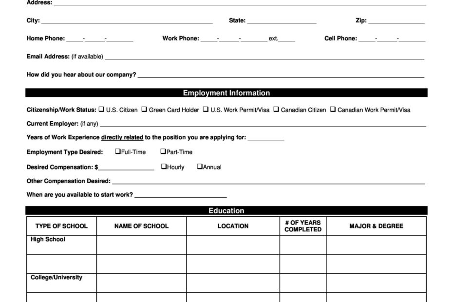 Employment Application Printable Form Free Printable Forms Free Online