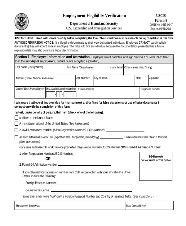 Employment Eligibility Verification Form I 9 Printable Printable 