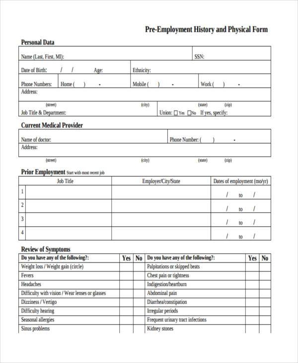 Employment Printable Blank Physical Form Printable Forms Free Online