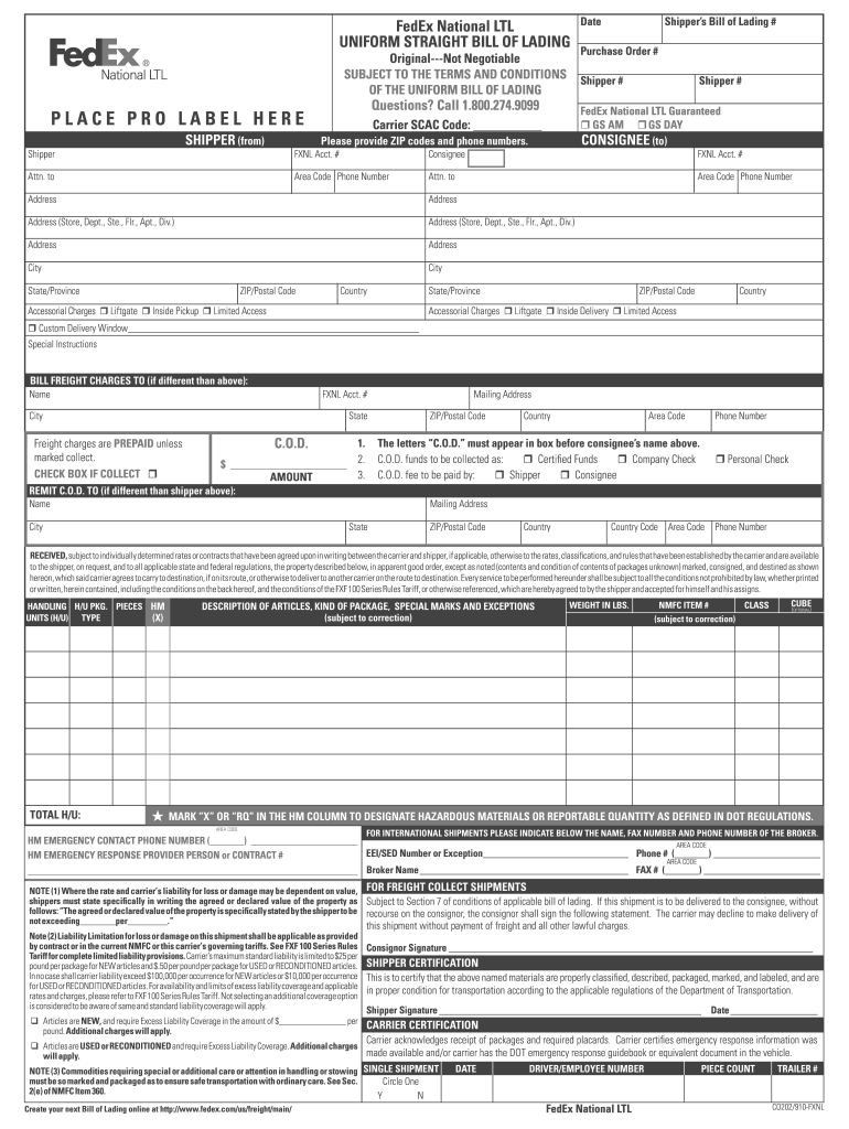 Fedex Freight Bol Form Fillable Printable Forms Free Online