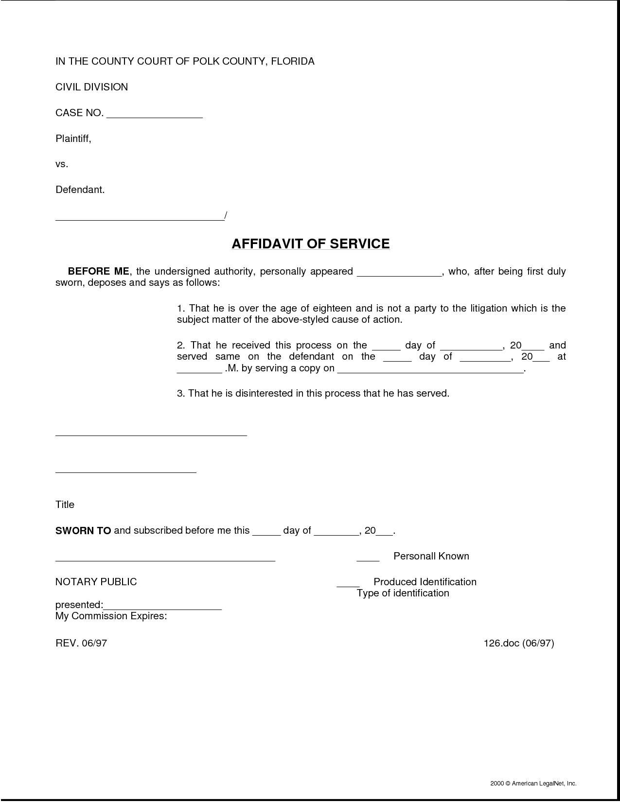 Free Printable Affidavit Of Service Form Printableaffidavitform The 