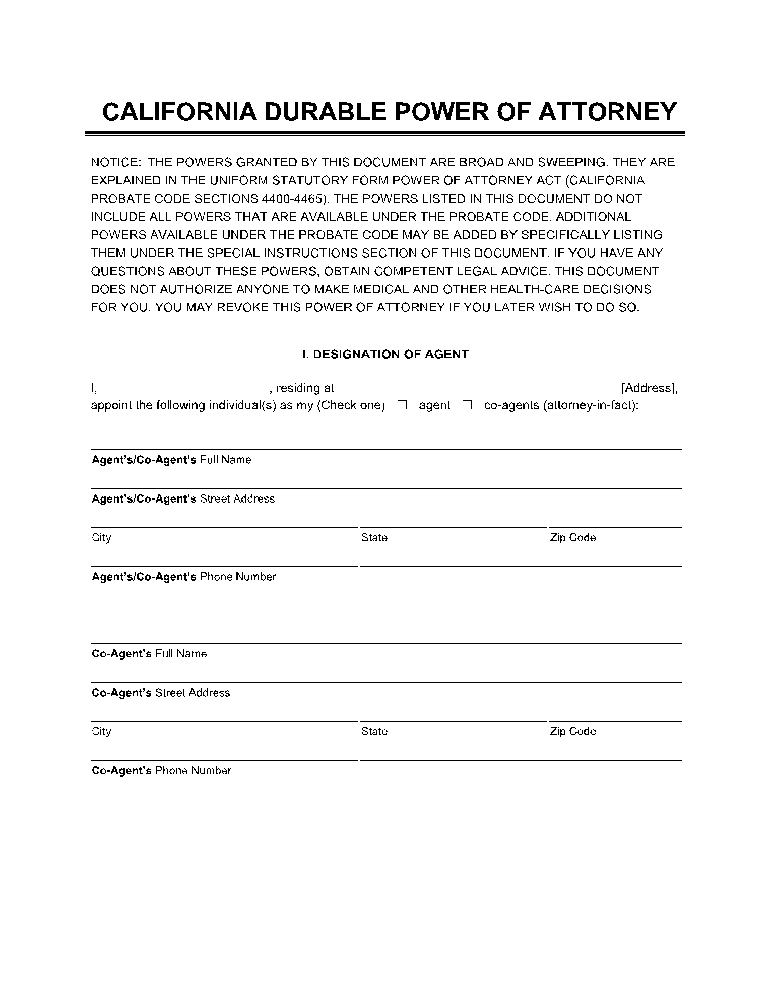 Free Printable Blank Durable Power Of Attorney Form Printable Forms 