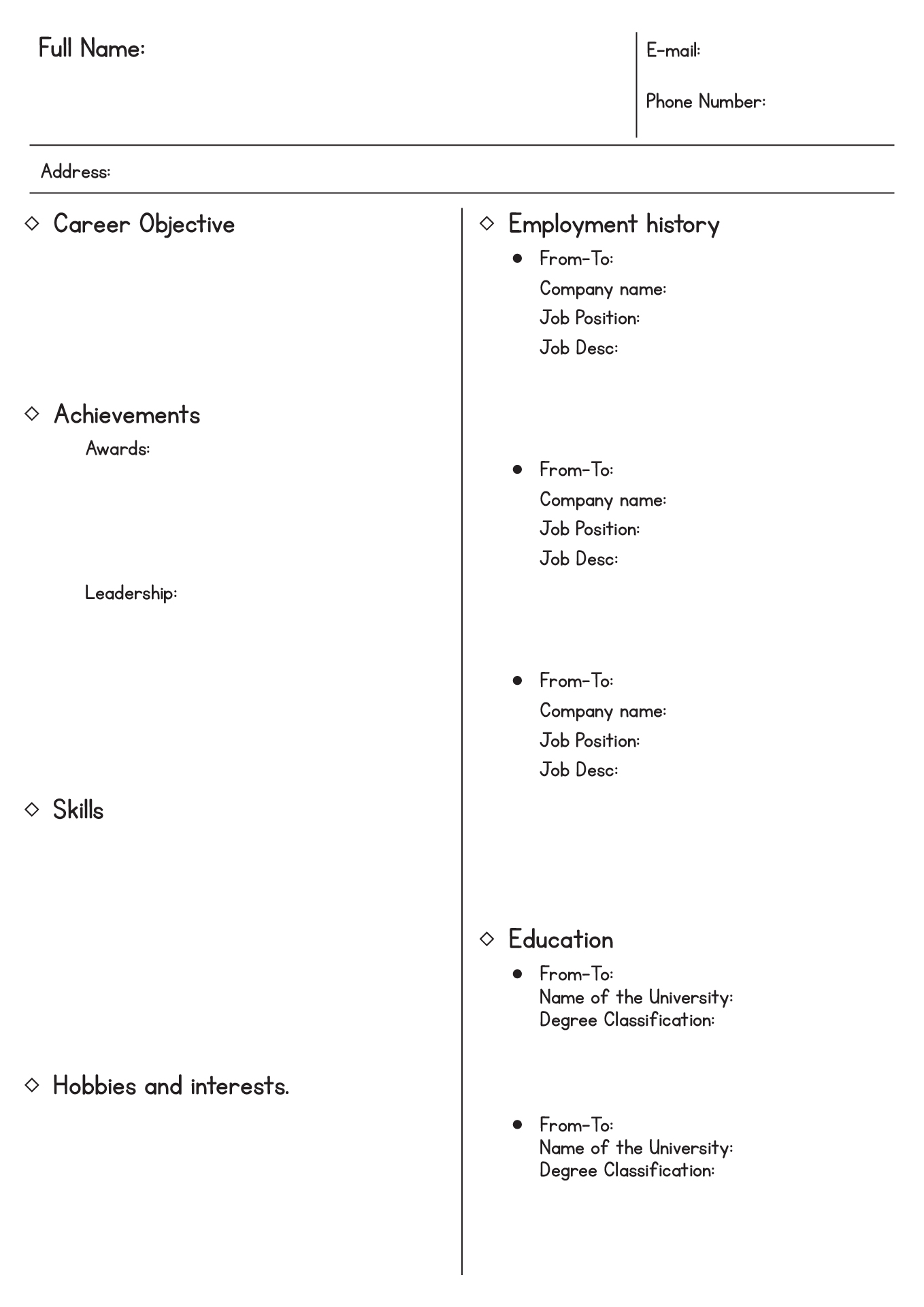 Free Printable Blank Resume Forms Printable Forms Free Online
