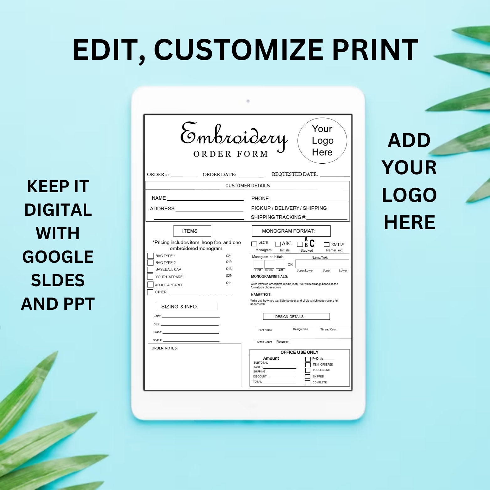 Free Printable Custom Embroidery Order Form Template Printable Forms 
