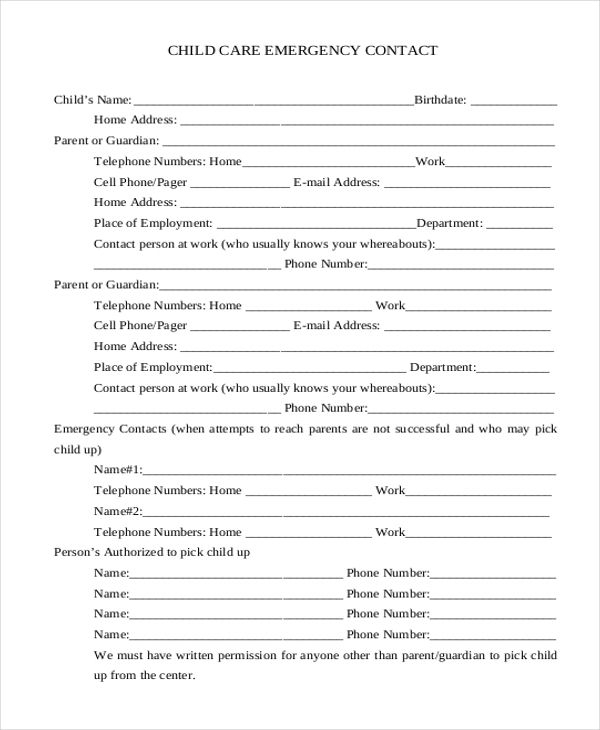 Free Printable Emergency Contact Form For Daycare Free Printable 