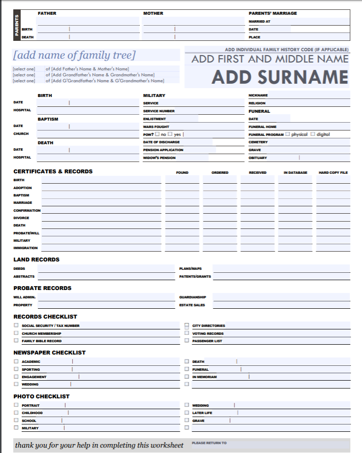Free Printable Genealogy Forms Individual Worksheet Printable Word 