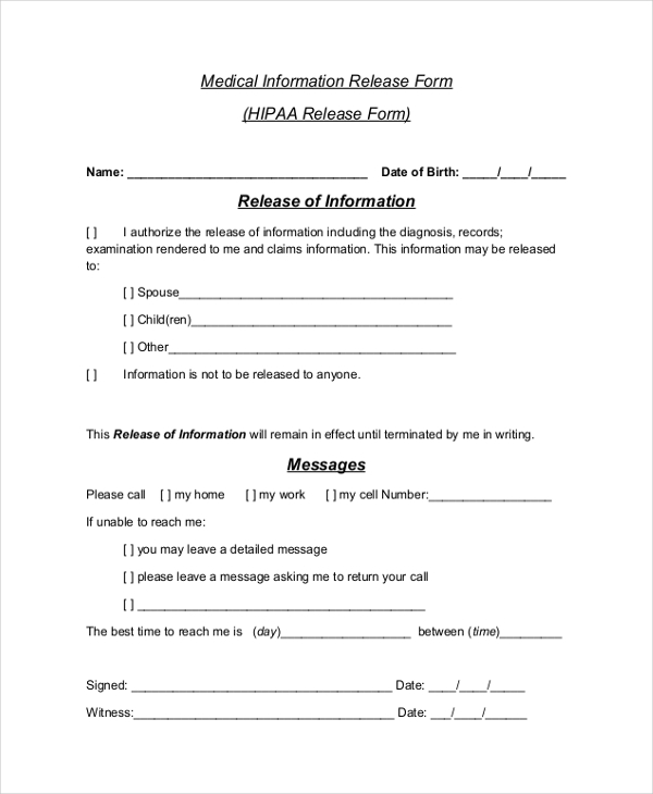 Free Printable Hipaa Release Form Printable Forms Free Online