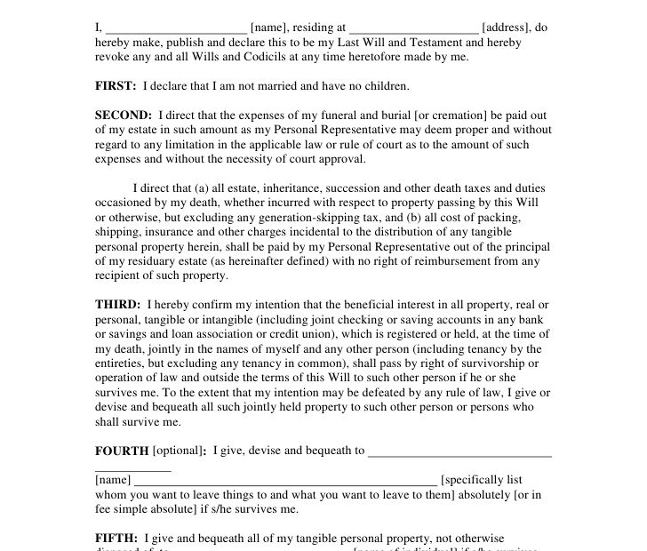 Free Printable Last Will And Testament Form GENERIC