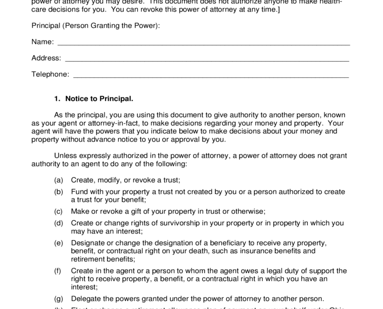 Free Printable Power Of Attorney Form Ohio Printable Form 2024