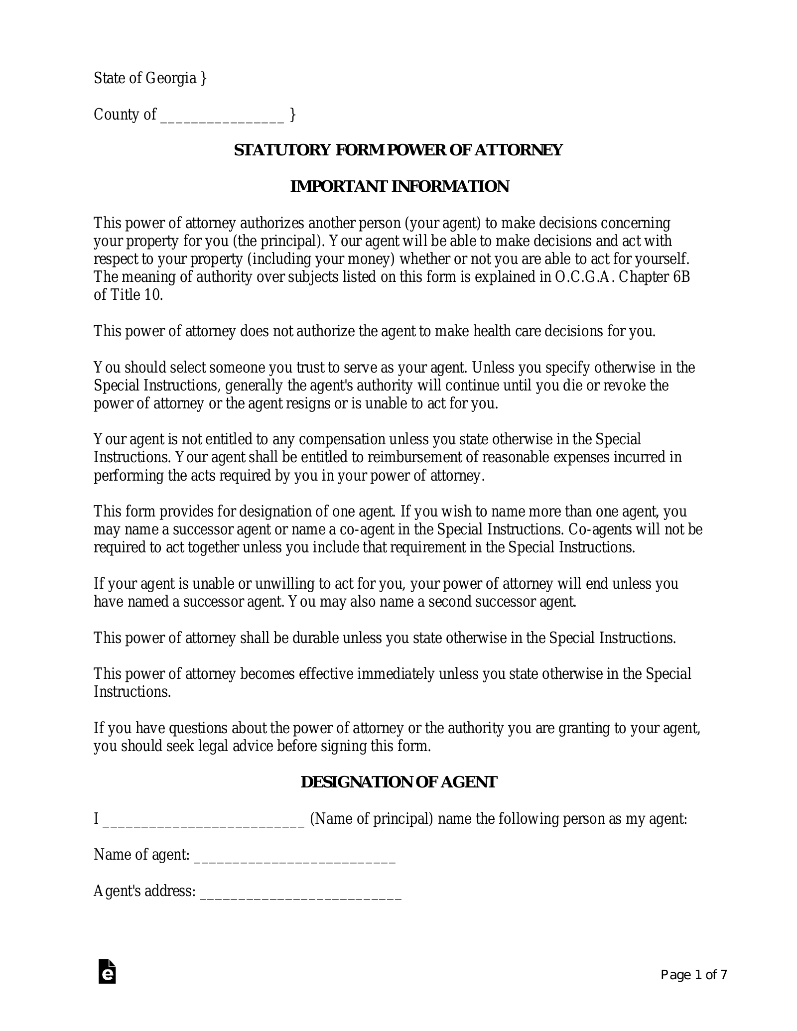 Free Printable Power Of Attorney Forms Georgia Printable Forms Free 