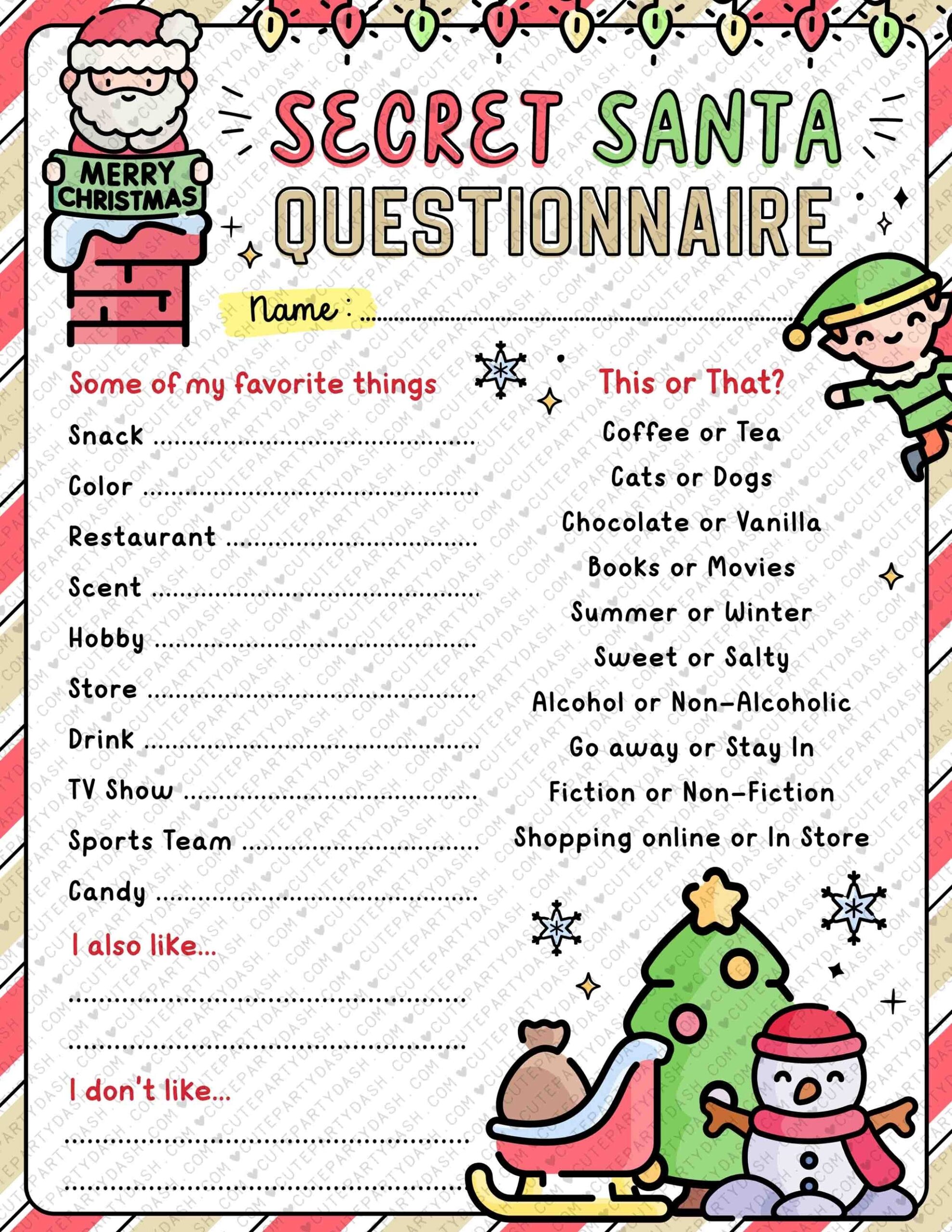 Free Printable Secret Santa Questionnaire Form Pdf Download Free 