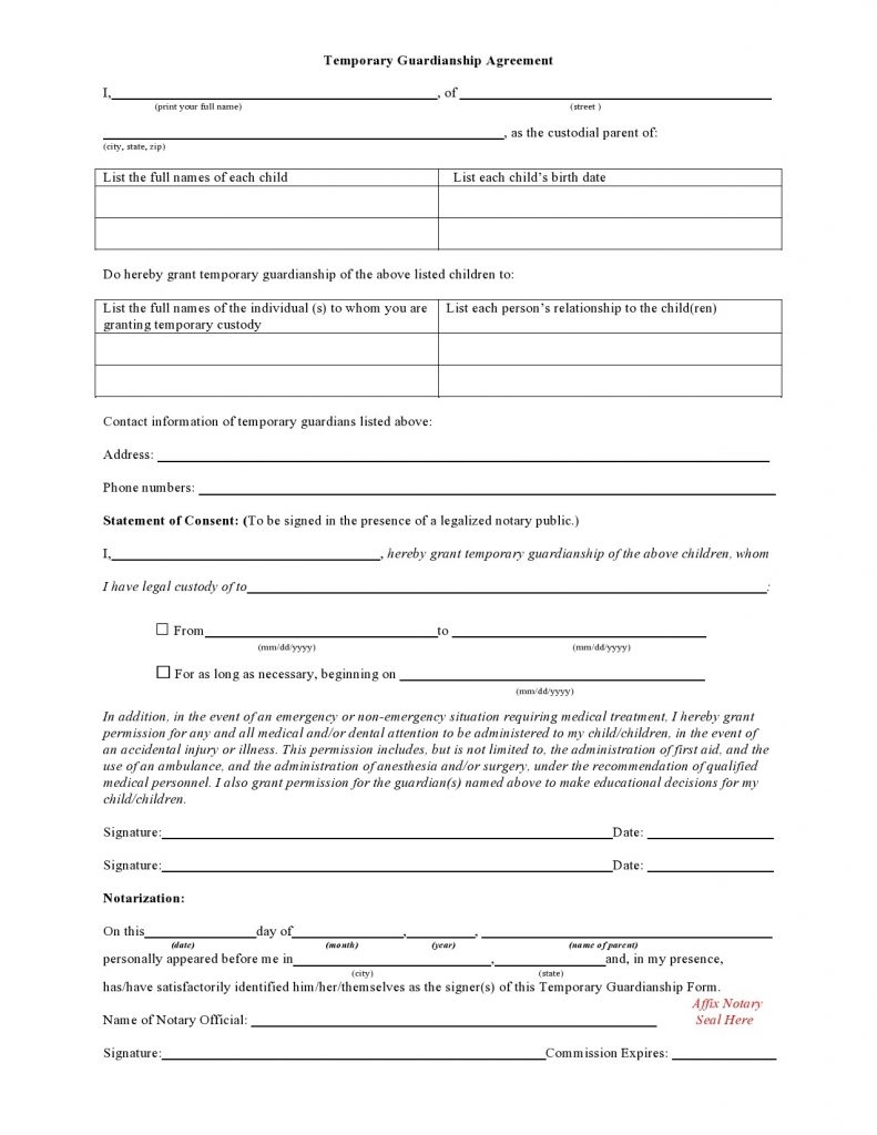 Free Printable Temporary Guardianship Form Printable Form 2024