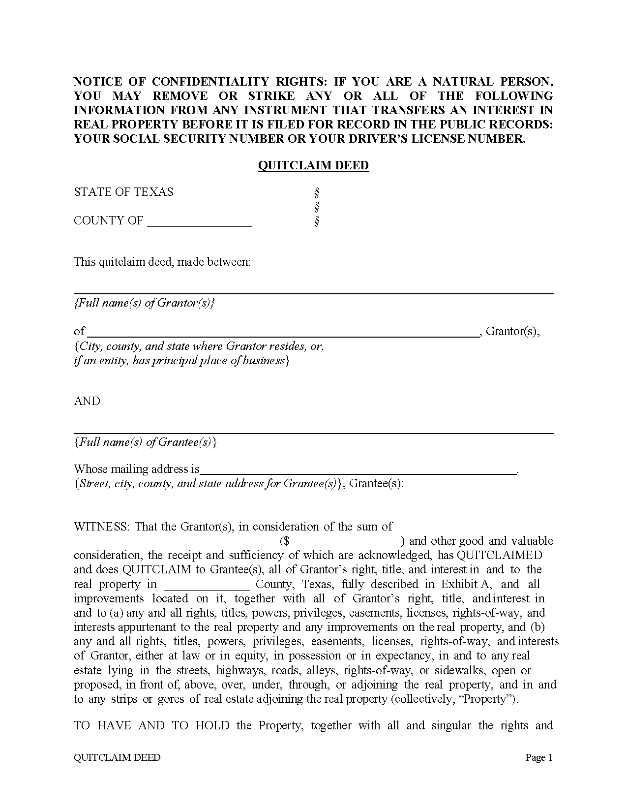Free Quit Claim Deed Form Printable PDF Template 46 OFF