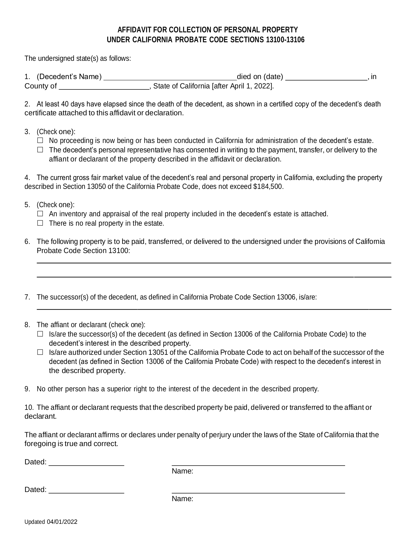 Free Small Estate Affidavit California 2022 Form 2024 