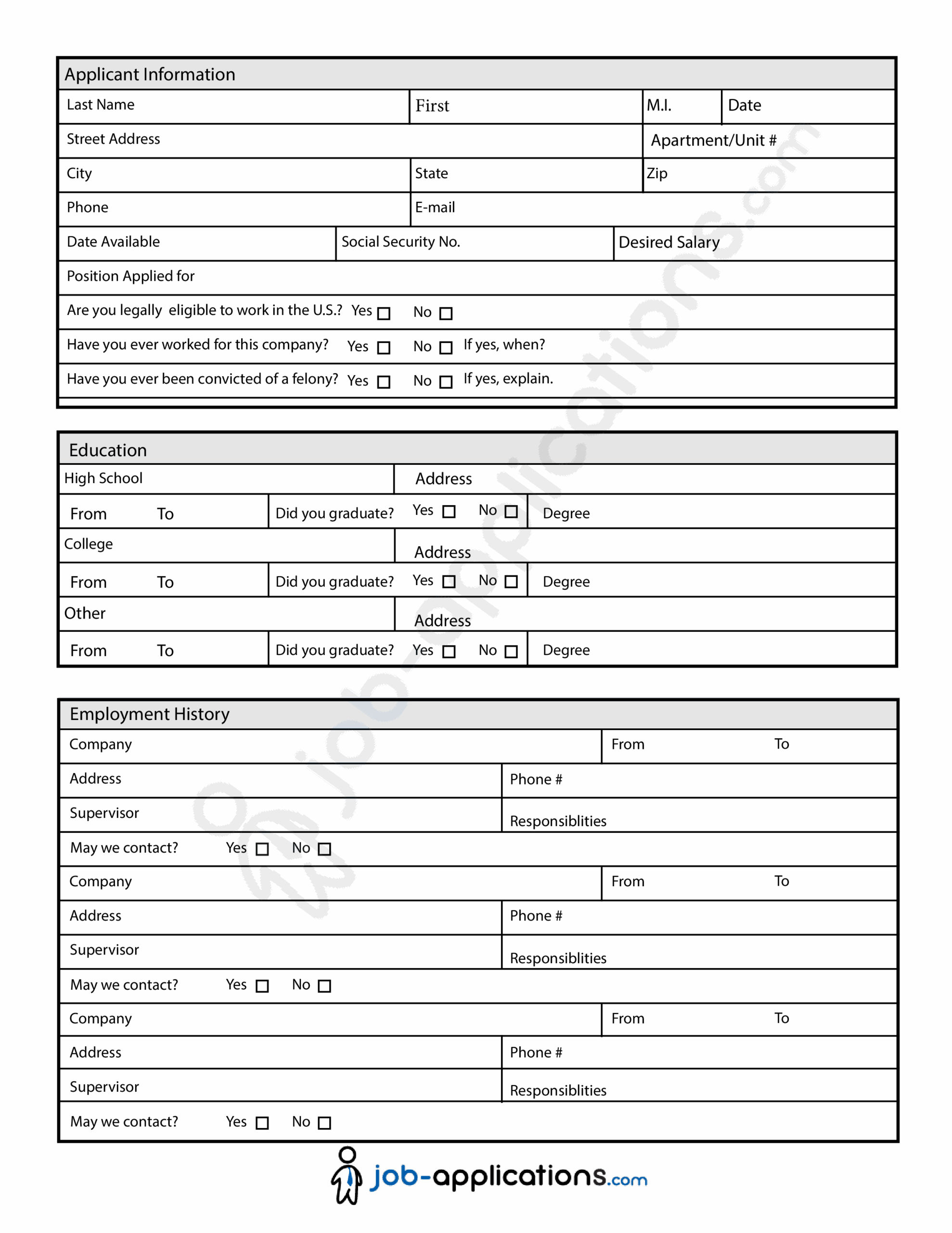 General Printable Employment Application Form Printable Forms Free Online