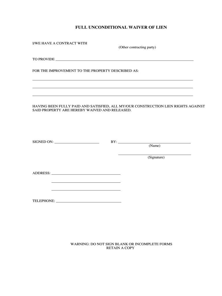 Generic Printable Lien Waiver Form Printable Forms Free Online