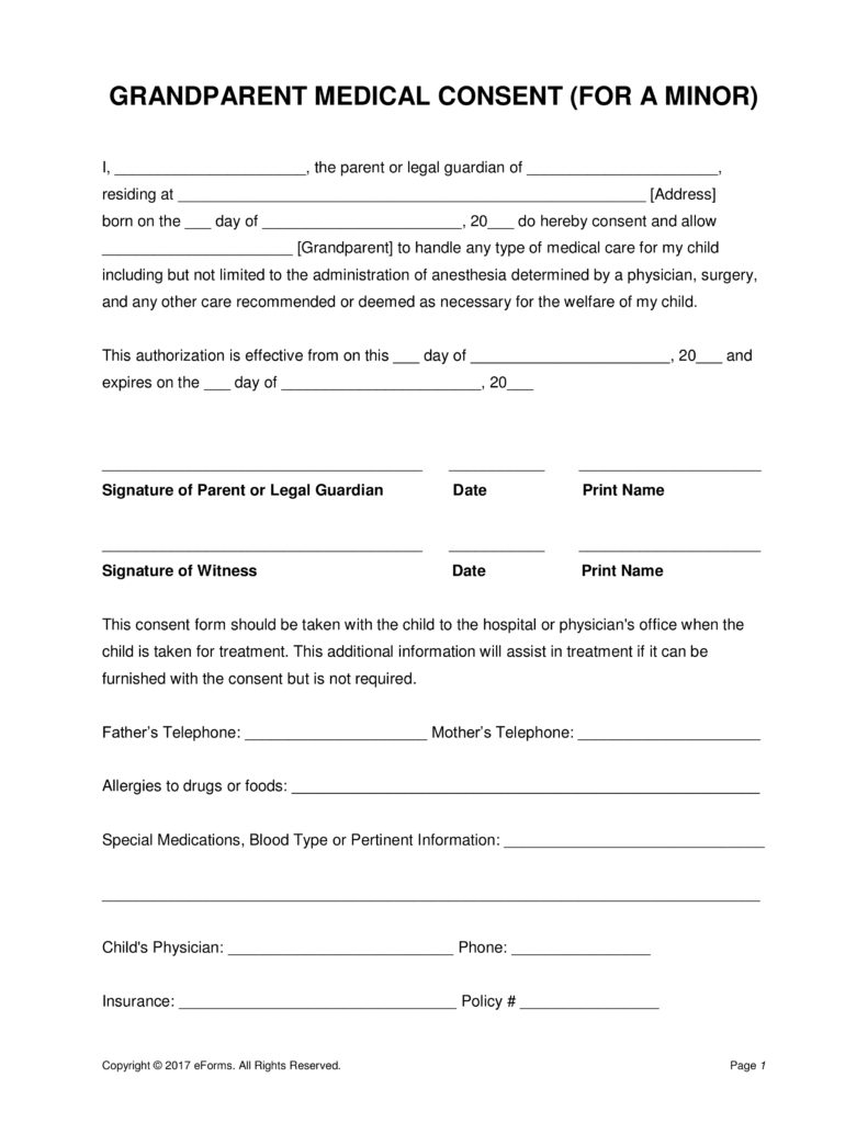 Grandparents 39 Medical Consent Form Minor Child Eforms Free 