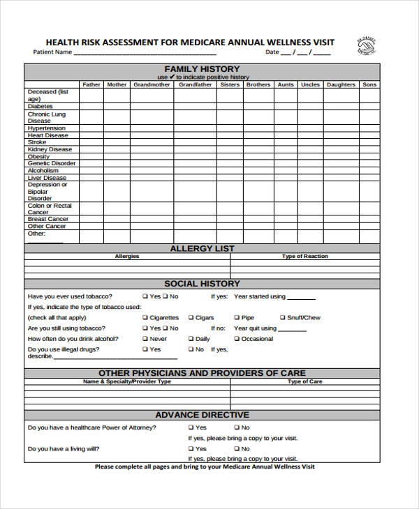 Health Assessment Form Printable Medicare Annual Wellness Visit Form 