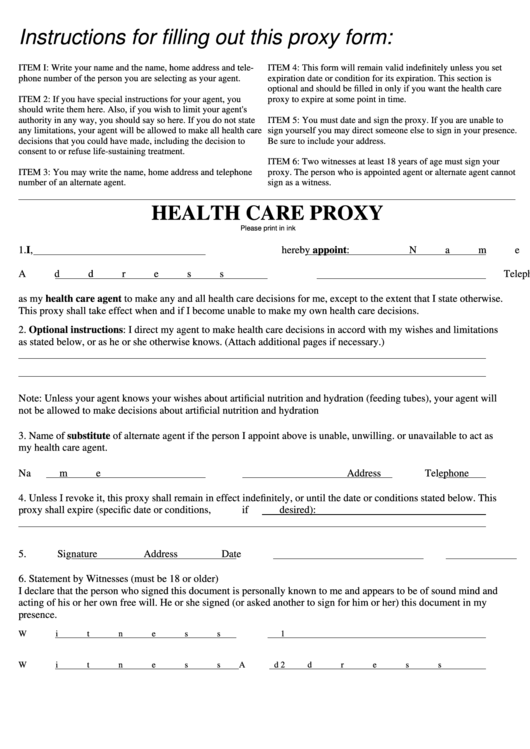 Health Care Proxy Form Printable Printable Forms Free Online