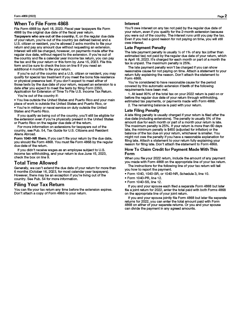 IRS Form 4868 Extension Printable 4868 Form 2023