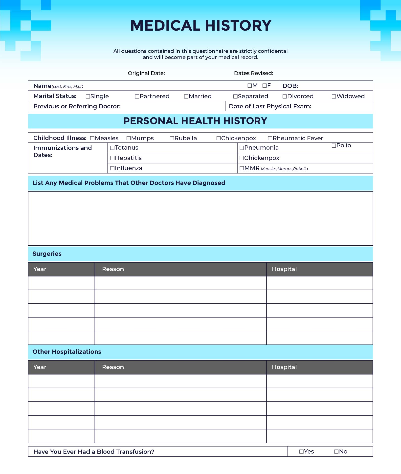 Medical History Form Printable Printable Forms Free Online