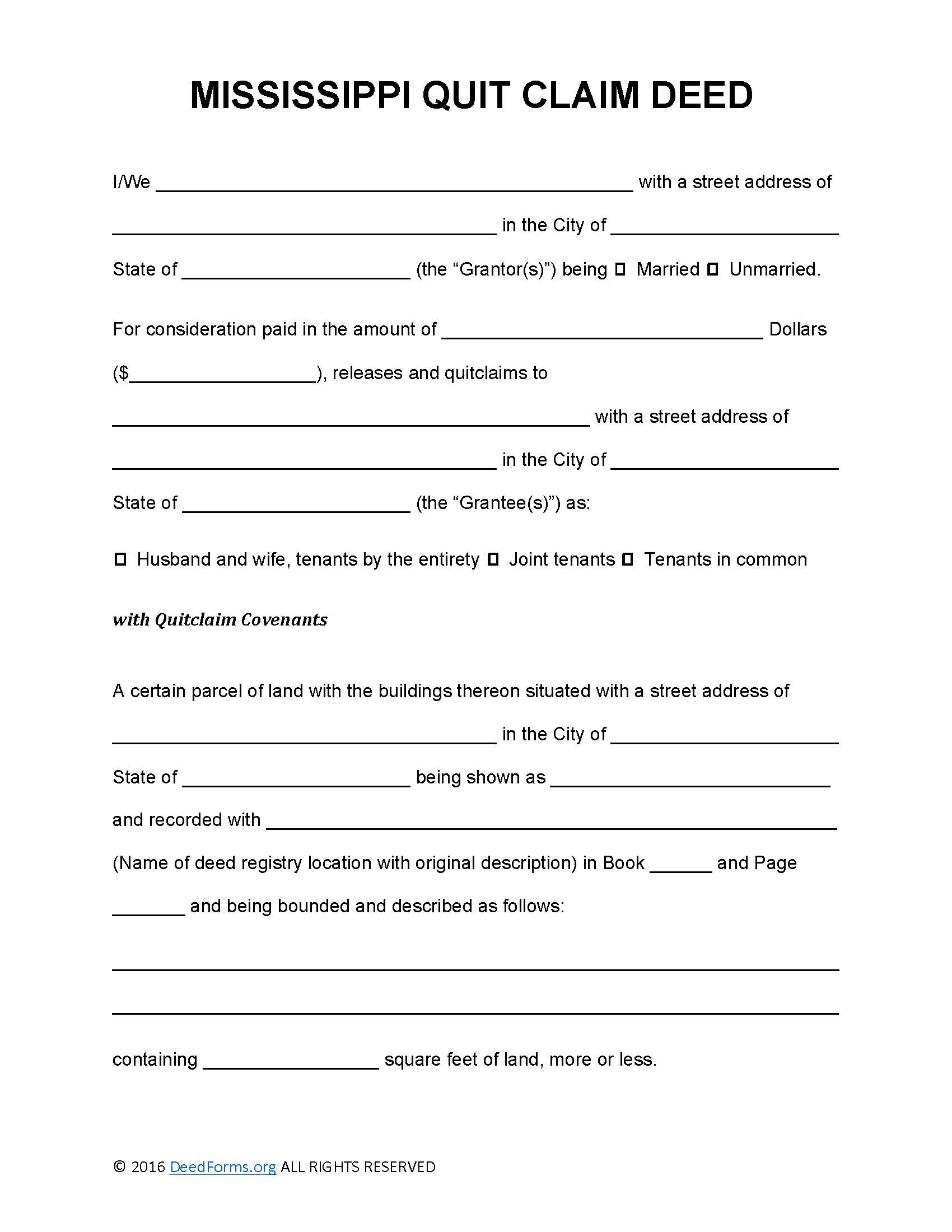 Mississippi Quit Claim Deed Form Deed Forms Deed Forms