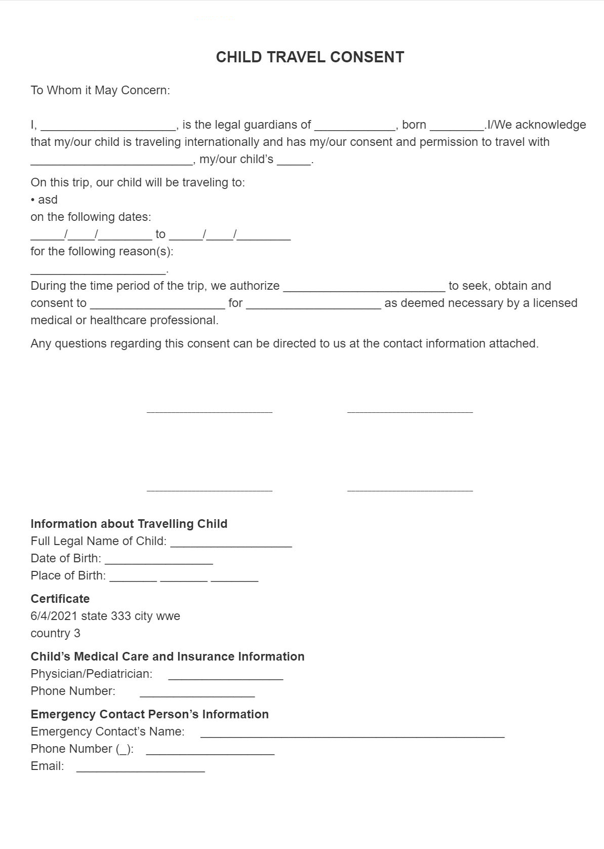Notary Printable Child Travel Consent Form Printable Forms Free Online
