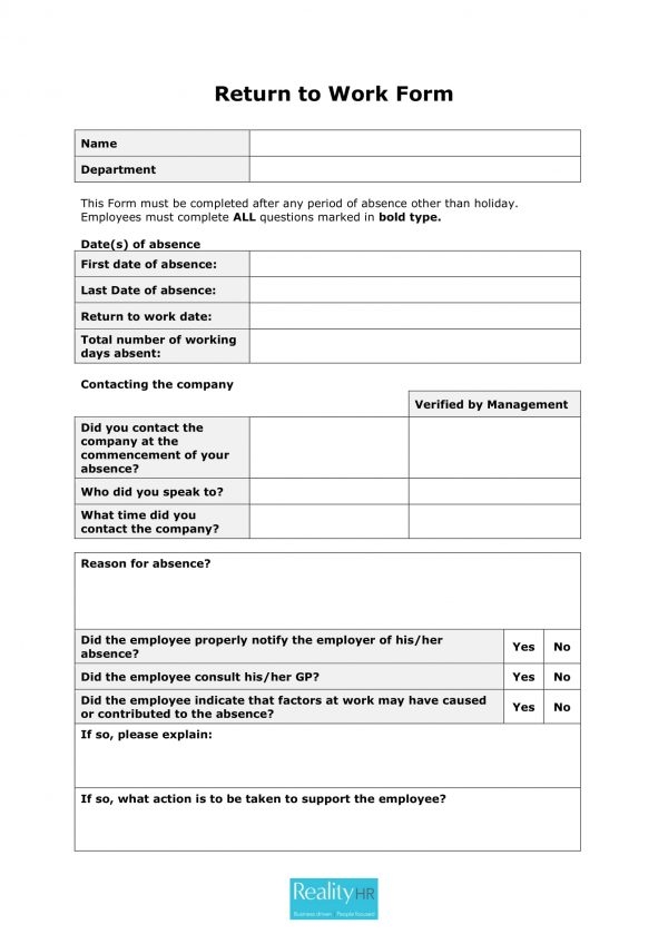 Pdf Free Printable Return To Work Form Printable Forms Free Online