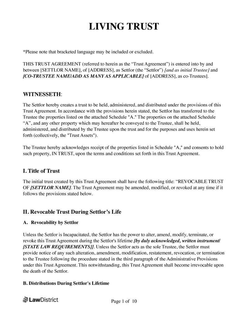 Pdf Printable Sample Form Of A Revocable Living Trust Agreement 