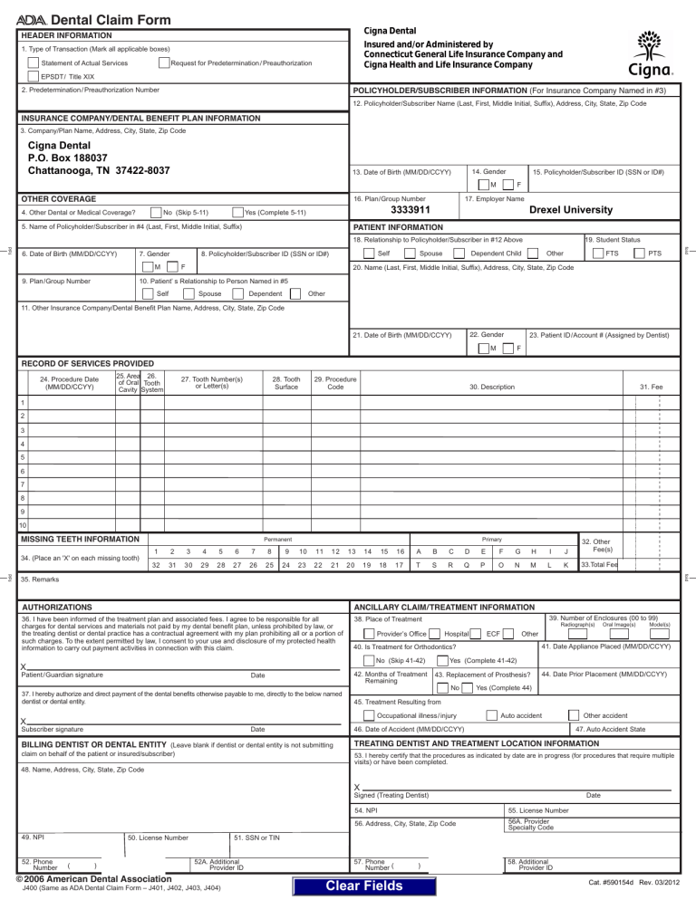 Printable Ada Dental Claim Form Printable Forms Free Online